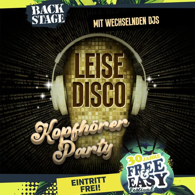 Flyer: LEISE DISCO - Die Kopfhörer Party mit DJ TELECASTER & DJ MIC-AL | free & easy 2026 party Flyer: LEISE DISCO - Die Kopfhörer Party mit DJ TELECASTER & DJ MIC-AL | free & easy 2026 party